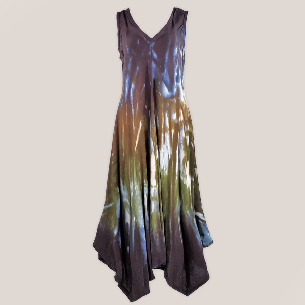 Lorelei Tie Dye Dress in Tan Green Black | Hand-Dyed Fae Dress Asymmetrical